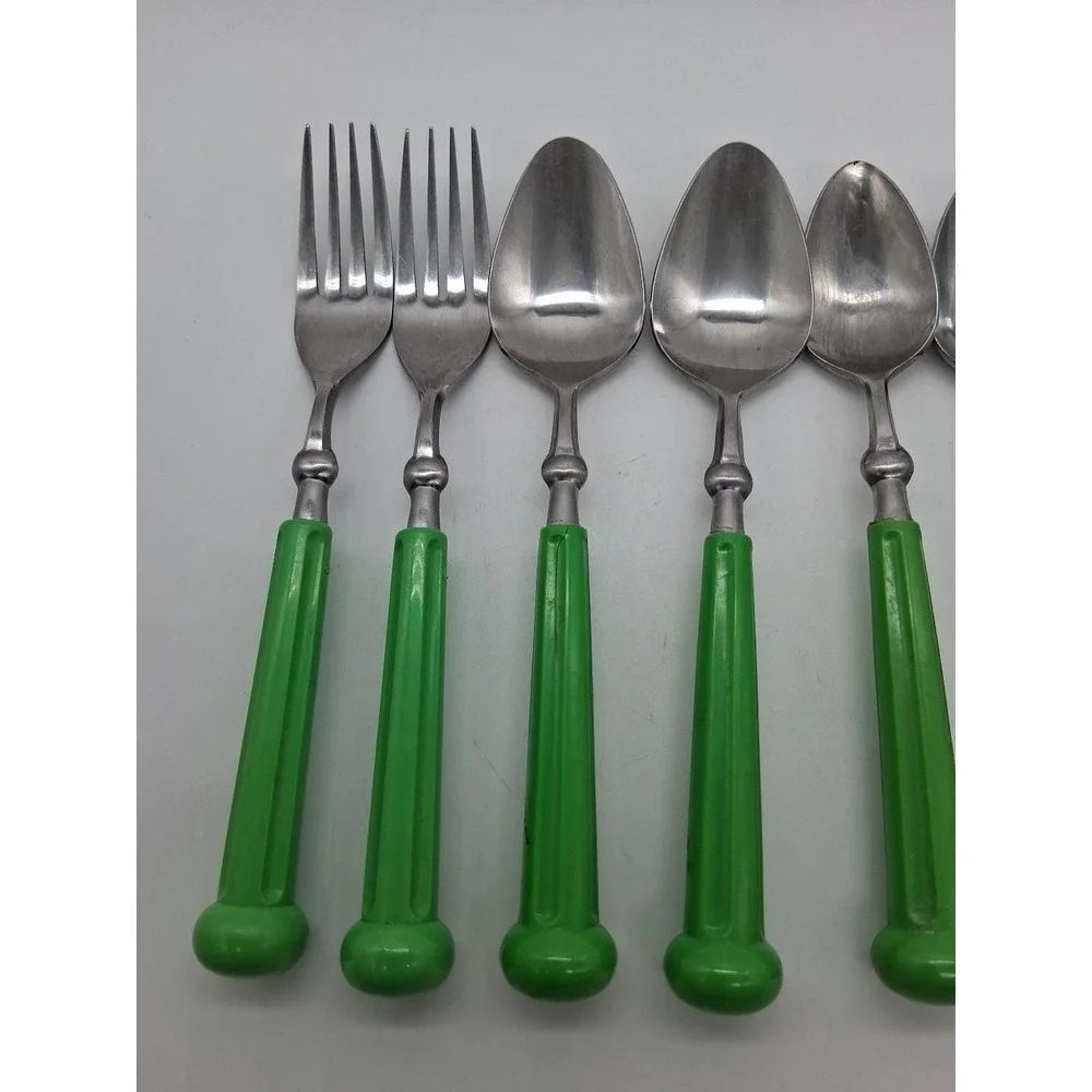 6 Piece Vintage Oxford Hall Oval Soup Spoon & Fork Lime Green Japan